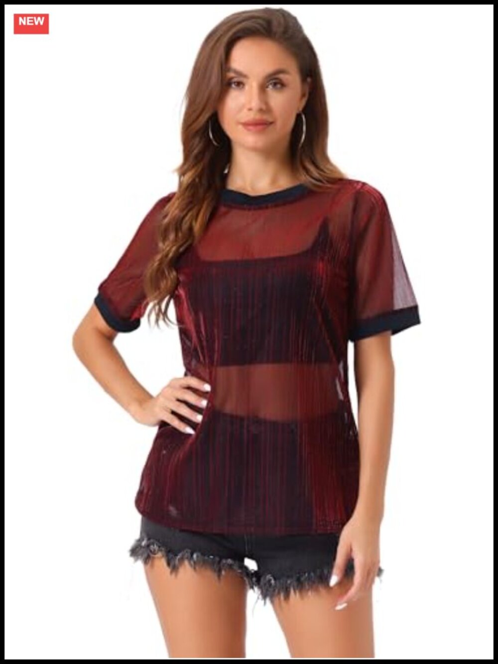 Women Sheer Mesh See Through Short Sleeve Party T-Shirt Top